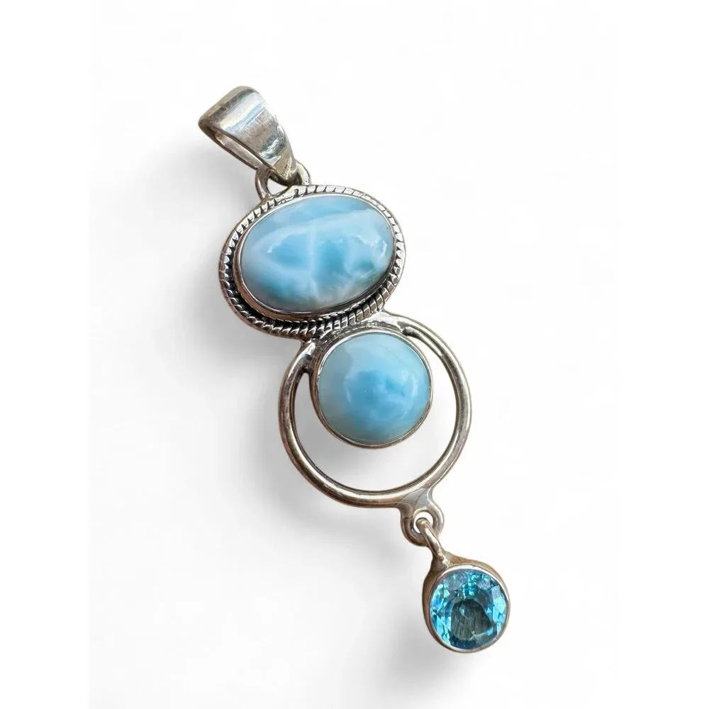 Caribbean Larimar & Blue Topaz Solid 925 Sterling Silver Pendant